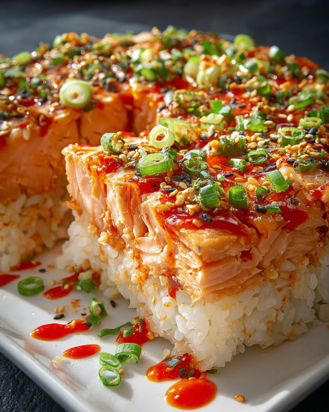 A plate of salmon sushi bake with red sauce.
