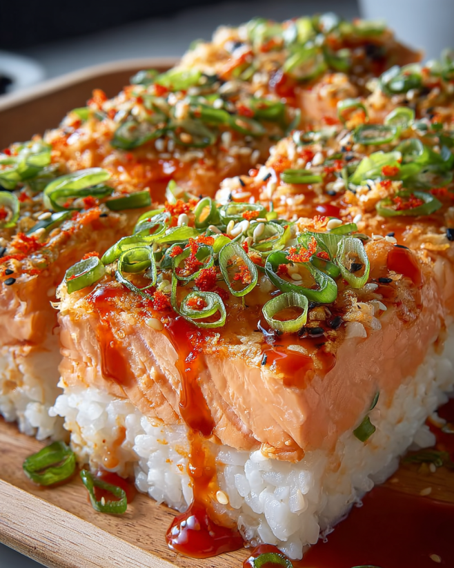 A plate of sushi with a salmon bake.