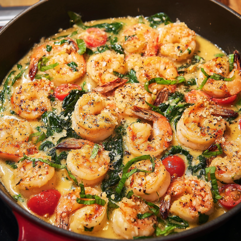 A pan of Tuscan Butter Shrimp.