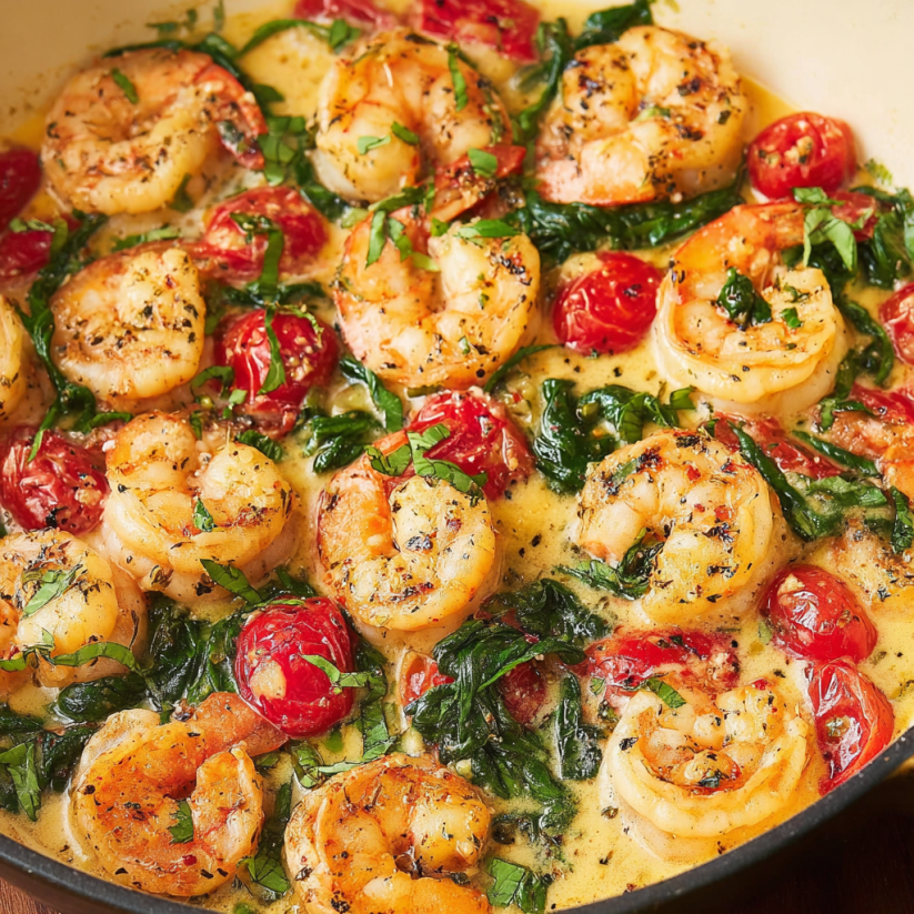 A dish of shrimp and tomatoes in a bowl.