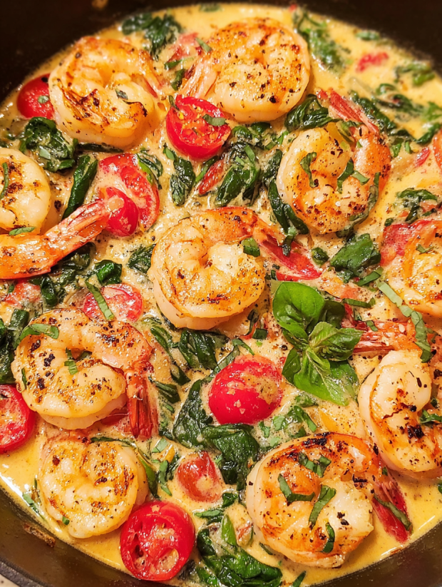 A dish of Tuscan Butter Shrimp with tomatoes and greens.