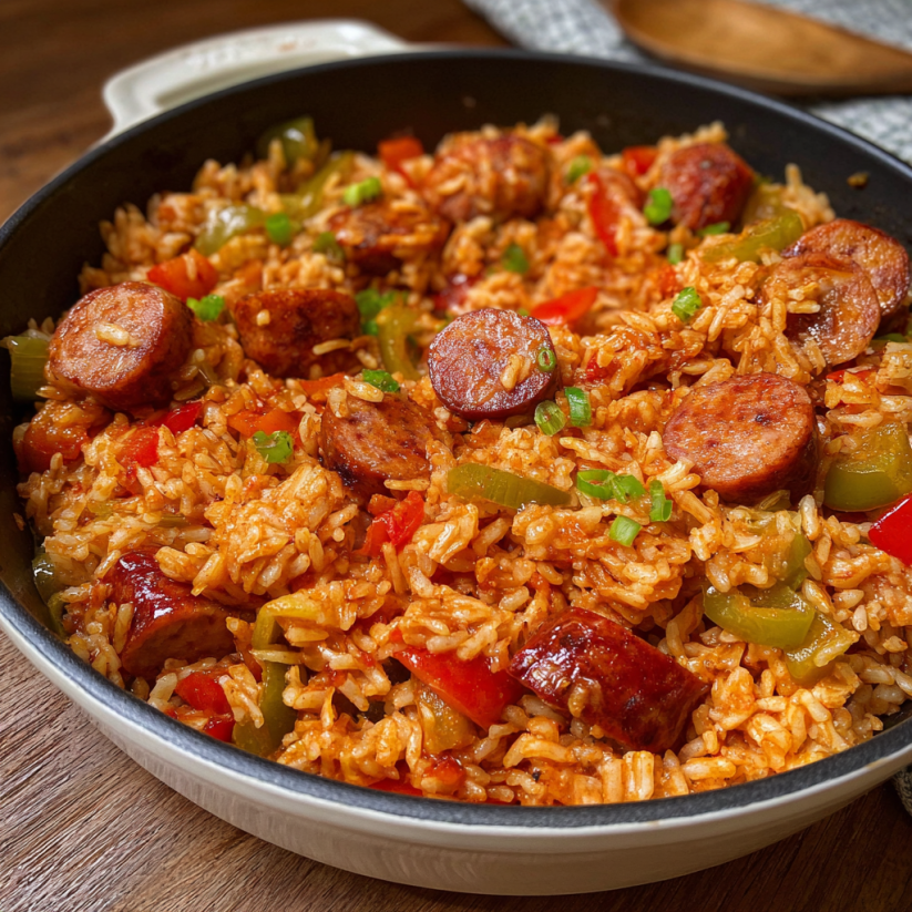 A bowl of rice and sausage.