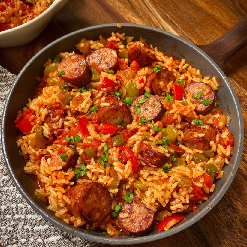 A pan of Cajun sausage and rice.