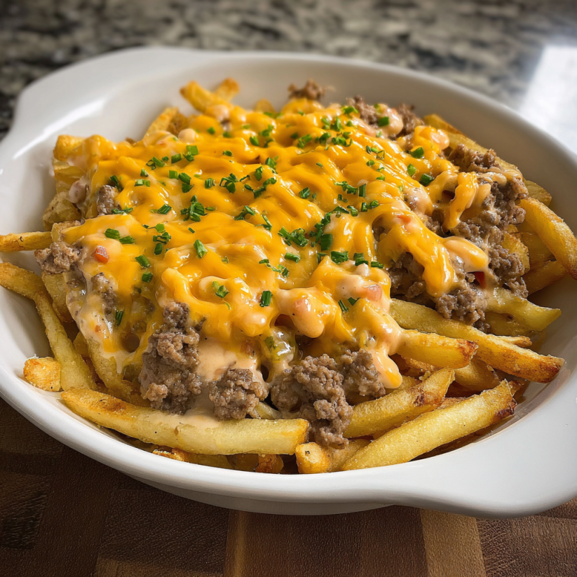 A plate of cheeseburger fries.