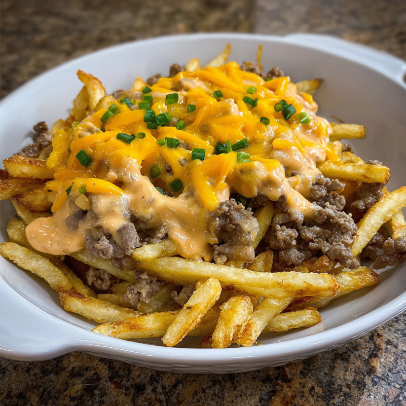 A white bowl filled with cheeseburger fries.