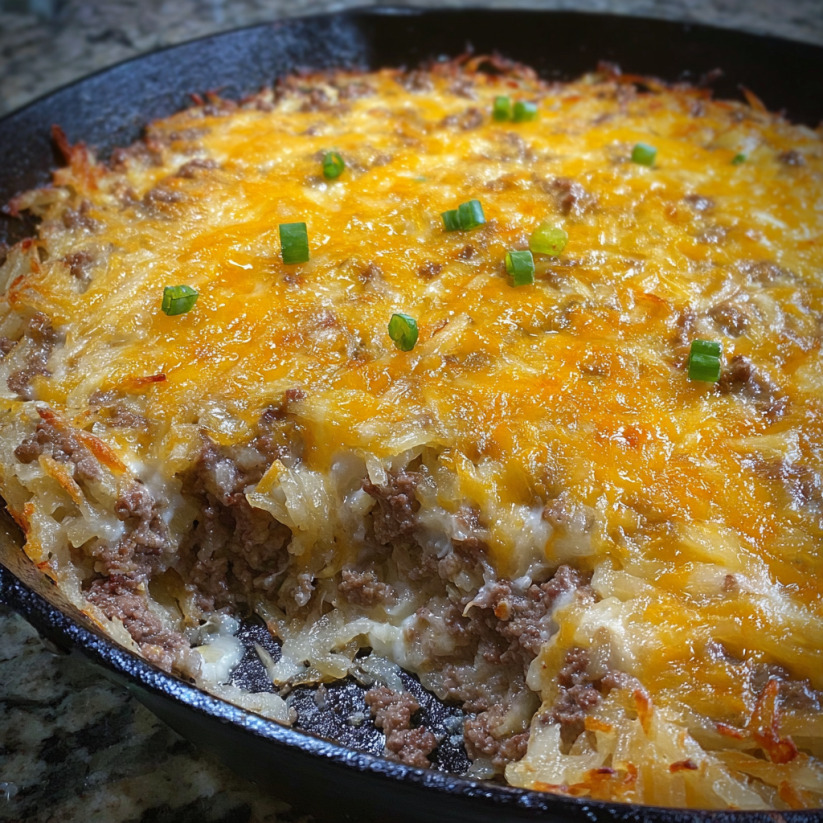 A close up of a delicious hamburger hashbrown casserole.