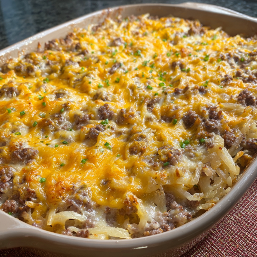 A casserole dish filled with hamburger and hashbrowns.