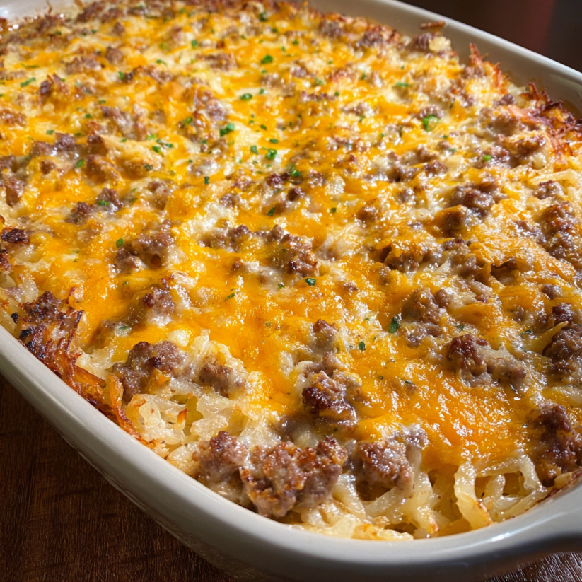 A casserole with a cheesy topping.