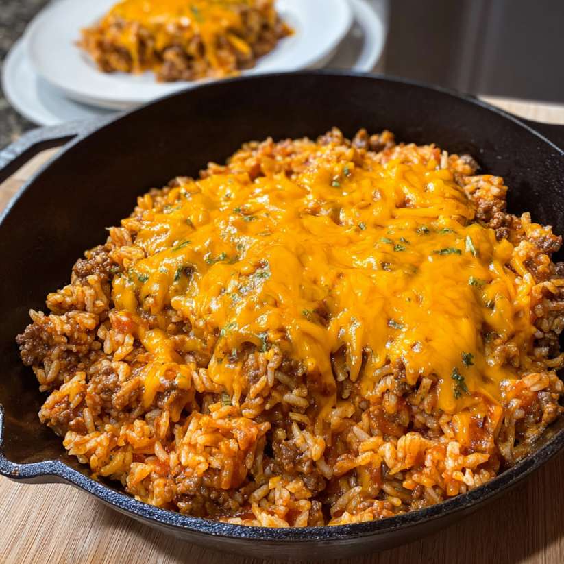 A skillet of cheesy sloppy joe rice.
