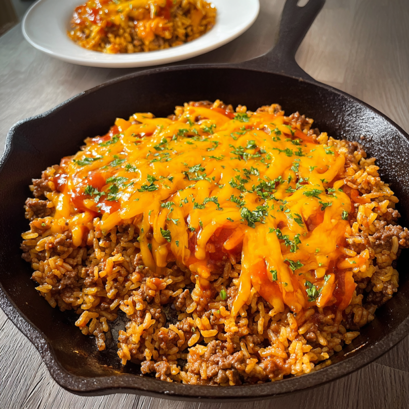A skillet with a cheesy sloppy joe rice dish.