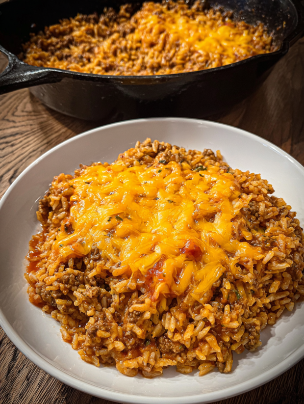 A plate of cheesy sloppy joe rice skillet.
