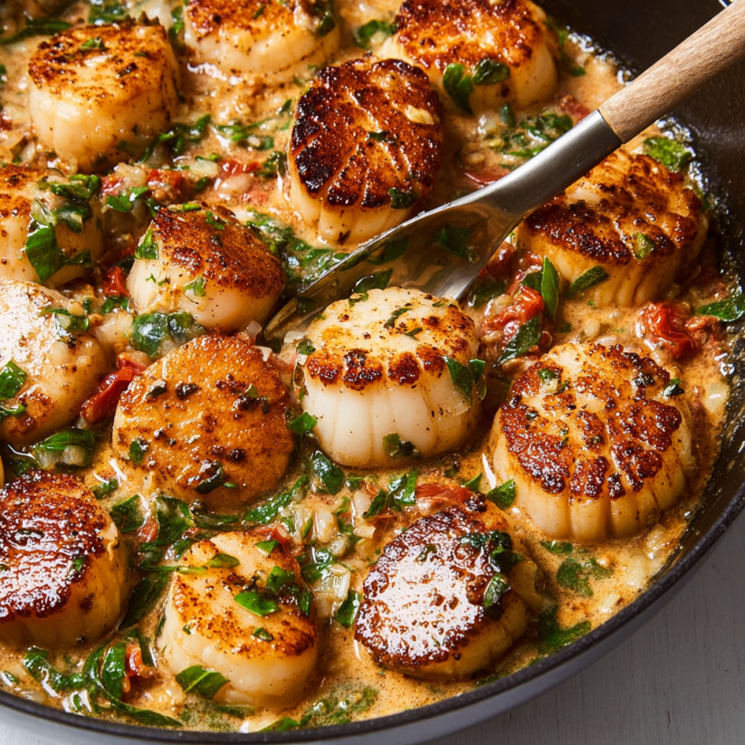 A pan of scallops in a Tuscan butter sauce.