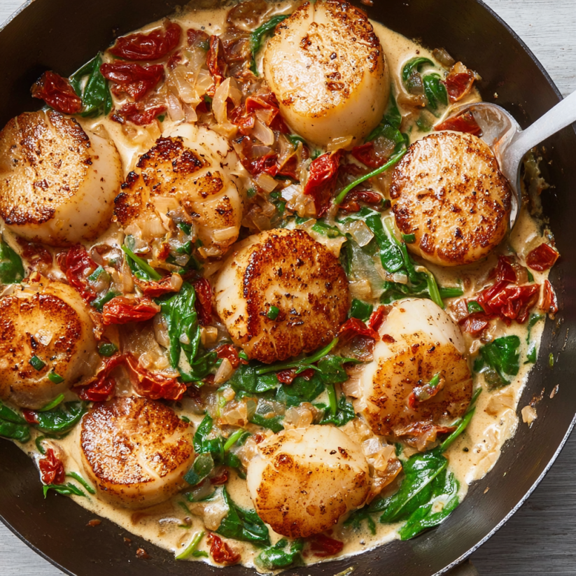 A pan of scallops in a Tuscan butter sauce.