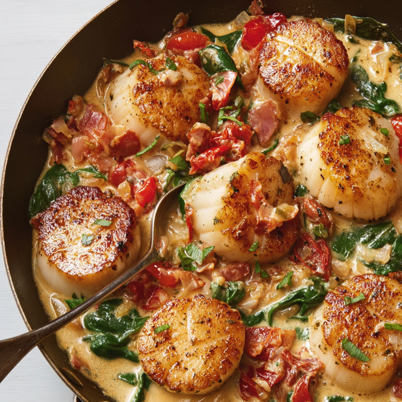 A pan of scallops in a creamy sauce.