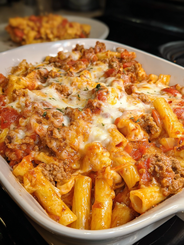 A baked ziti dish with Italian sausage.