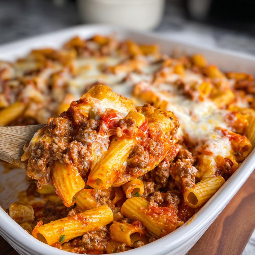 A baked ziti dish with Italian sausage.