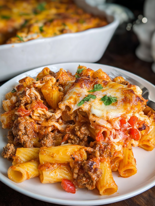 A plate of baked ziti with Italian sausage.