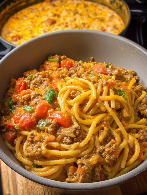 A bowl of spaghetti with tomatoes and meat.