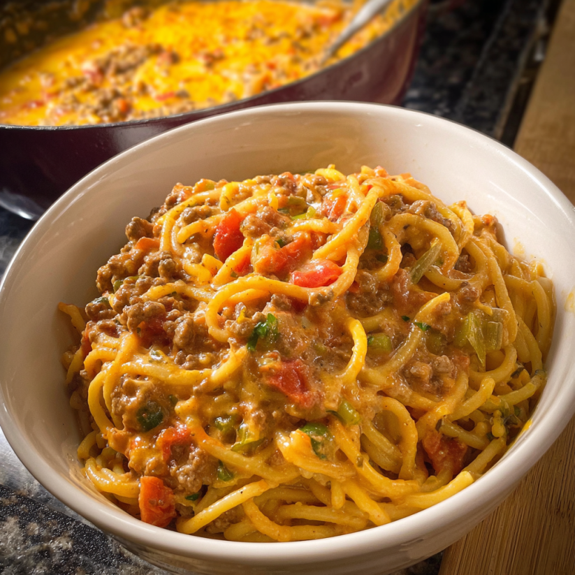 A bowl of spaghetti with meat and tomatoes.