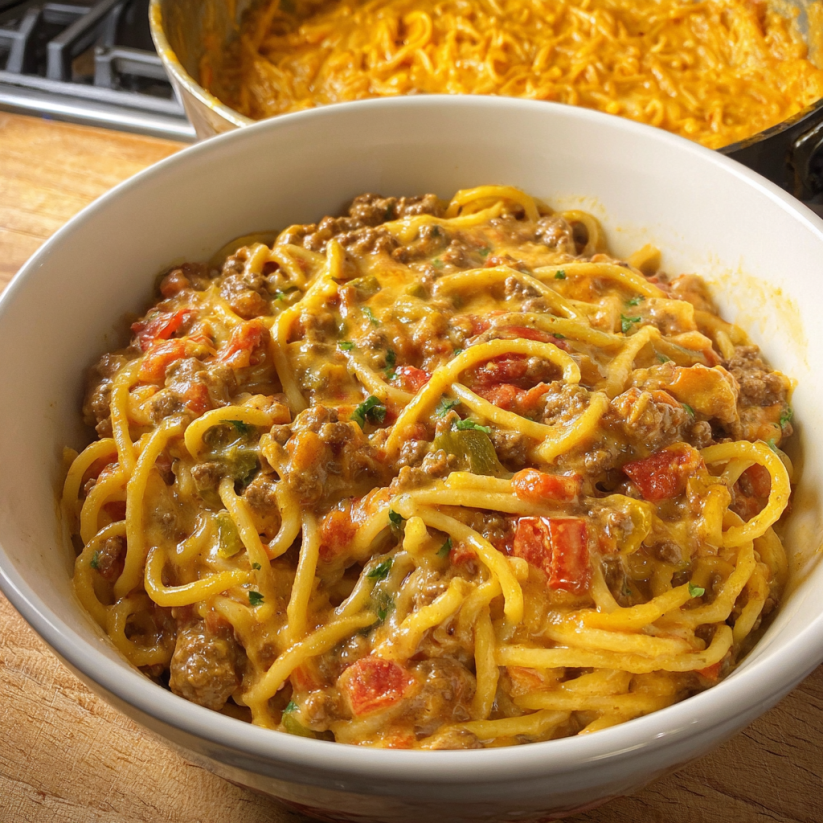 A bowl of spaghetti with meat and tomatoes.