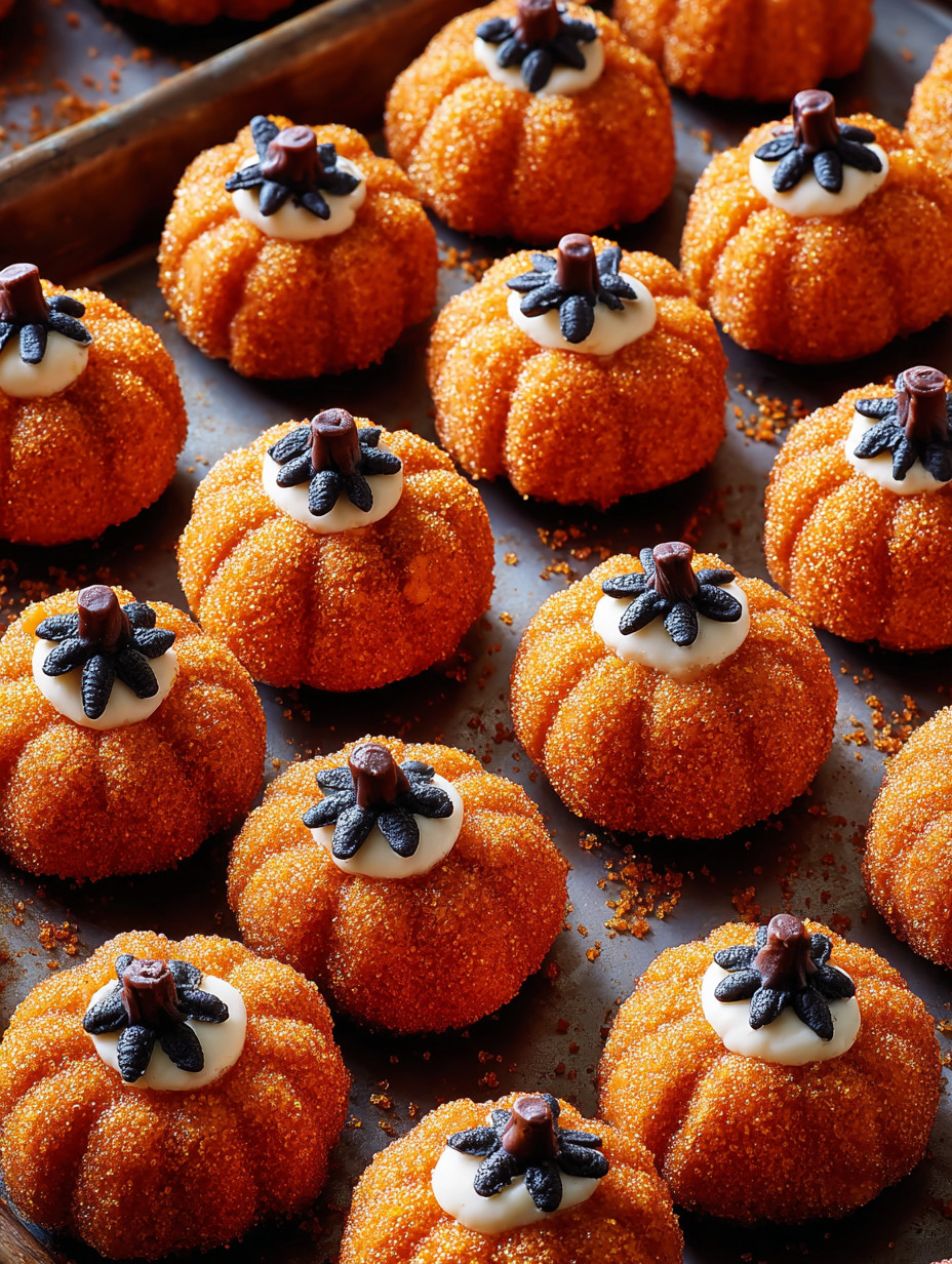 Mini pumpkin cheesecake bites on a tray.