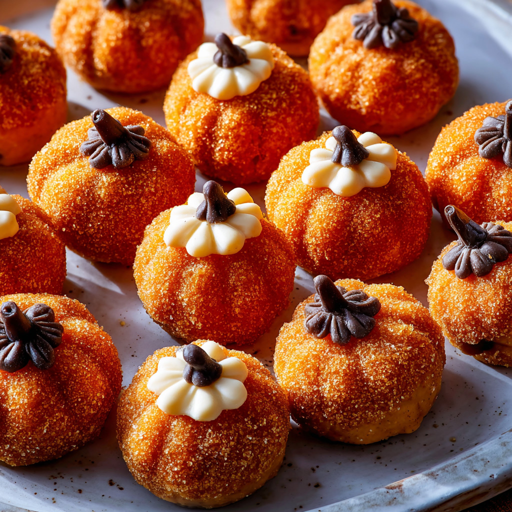 A plate of mini pumpkin cheesecake bites.