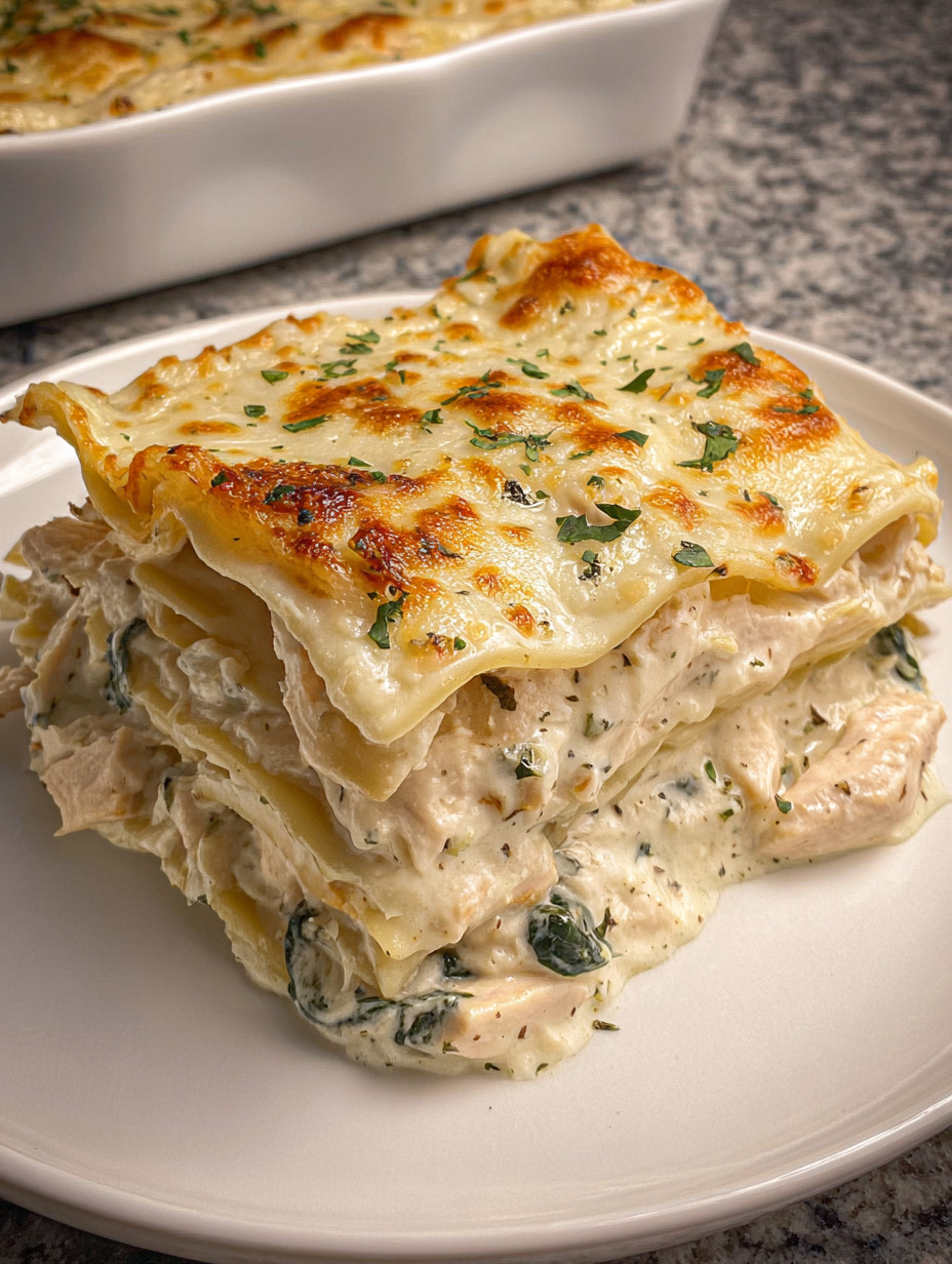 A plate of chicken Alfredo lasagna.
