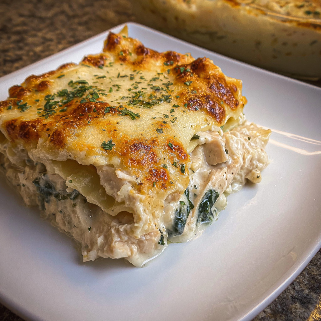 A square white plate with a piece of chicken Alfredo lasagna on it.
