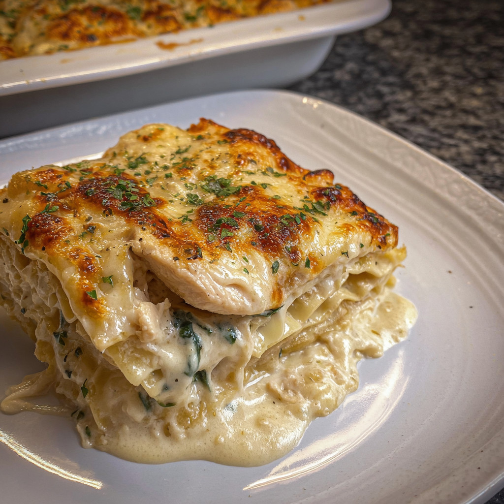 A plate of chicken Alfredo lasagna.