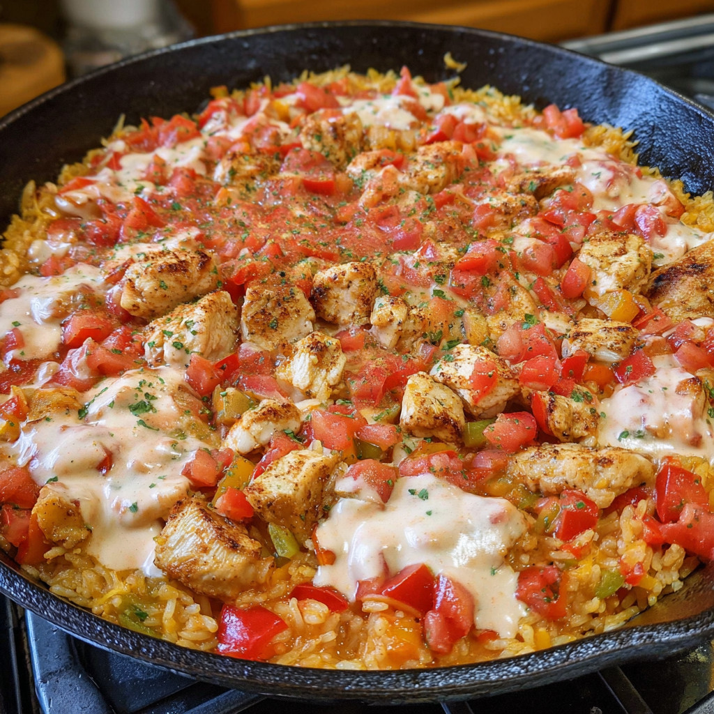 A delicious meal of chicken, rice, and tomatoes.