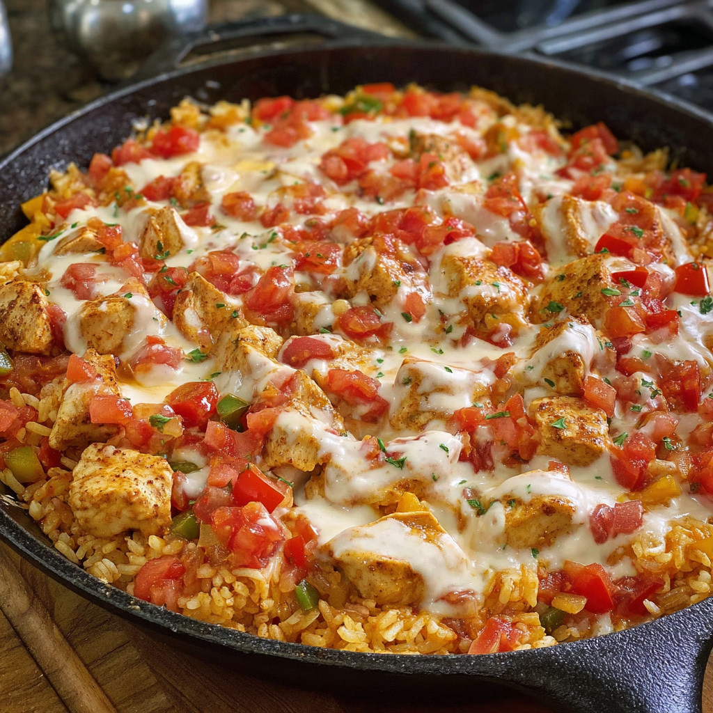 A delicious looking Queso Salsa Chicken & Rice dish.