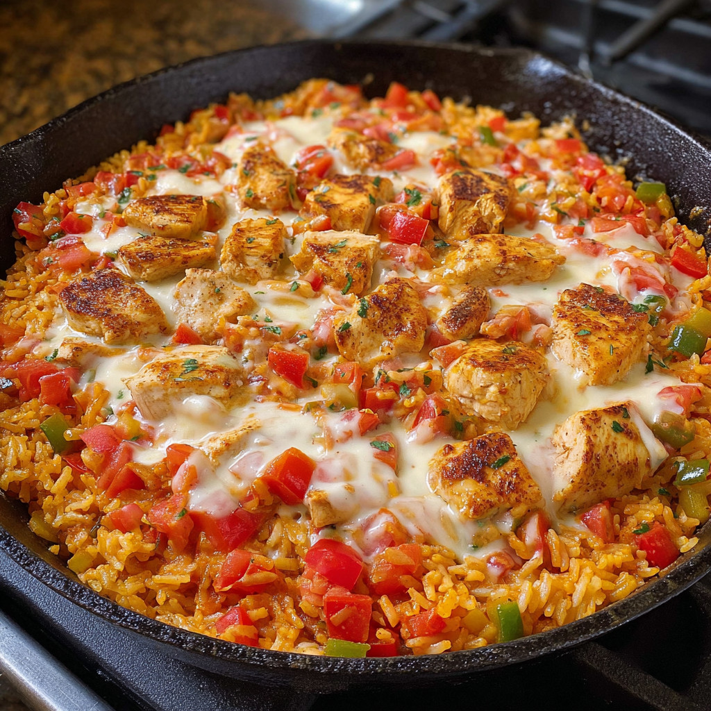 A pan of chicken and rice with cheese and tomatoes.