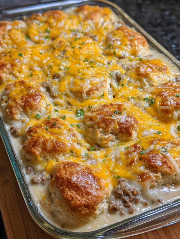 A casserole with biscuits and sausage gravy.