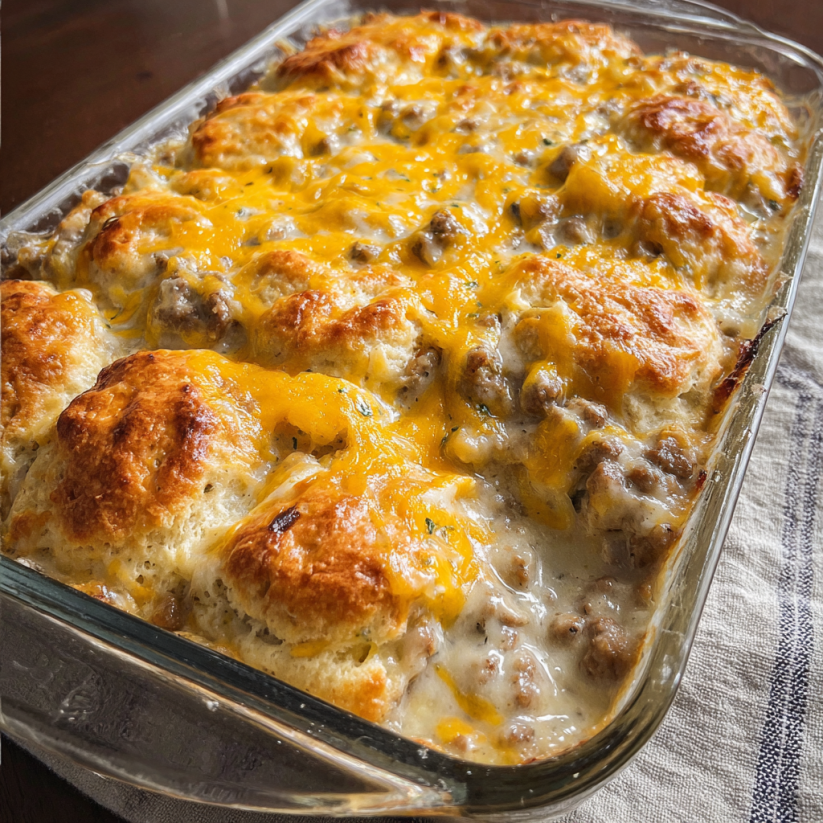 A casserole dish filled with biscuits and sausage gravy.
