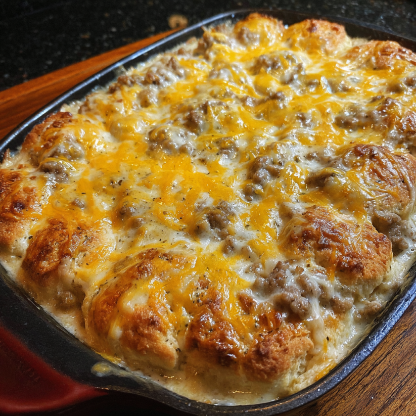 A casserole dish filled with biscuits and sausage gravy.