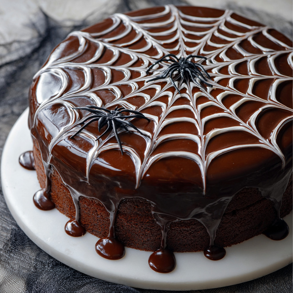 A chocolate cake with a spider web design.
