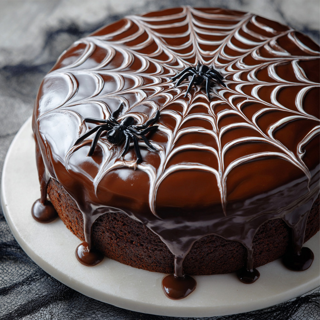 A chocolate cake with a spider web design.