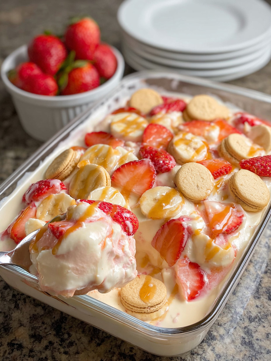 A large bowl of strawberry banana pudding.