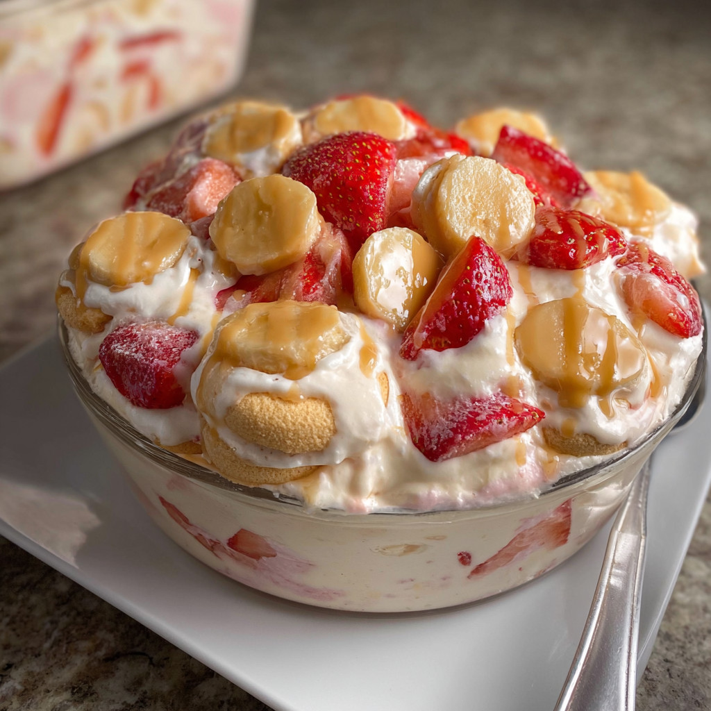 A bowl of strawberry banana pudding.