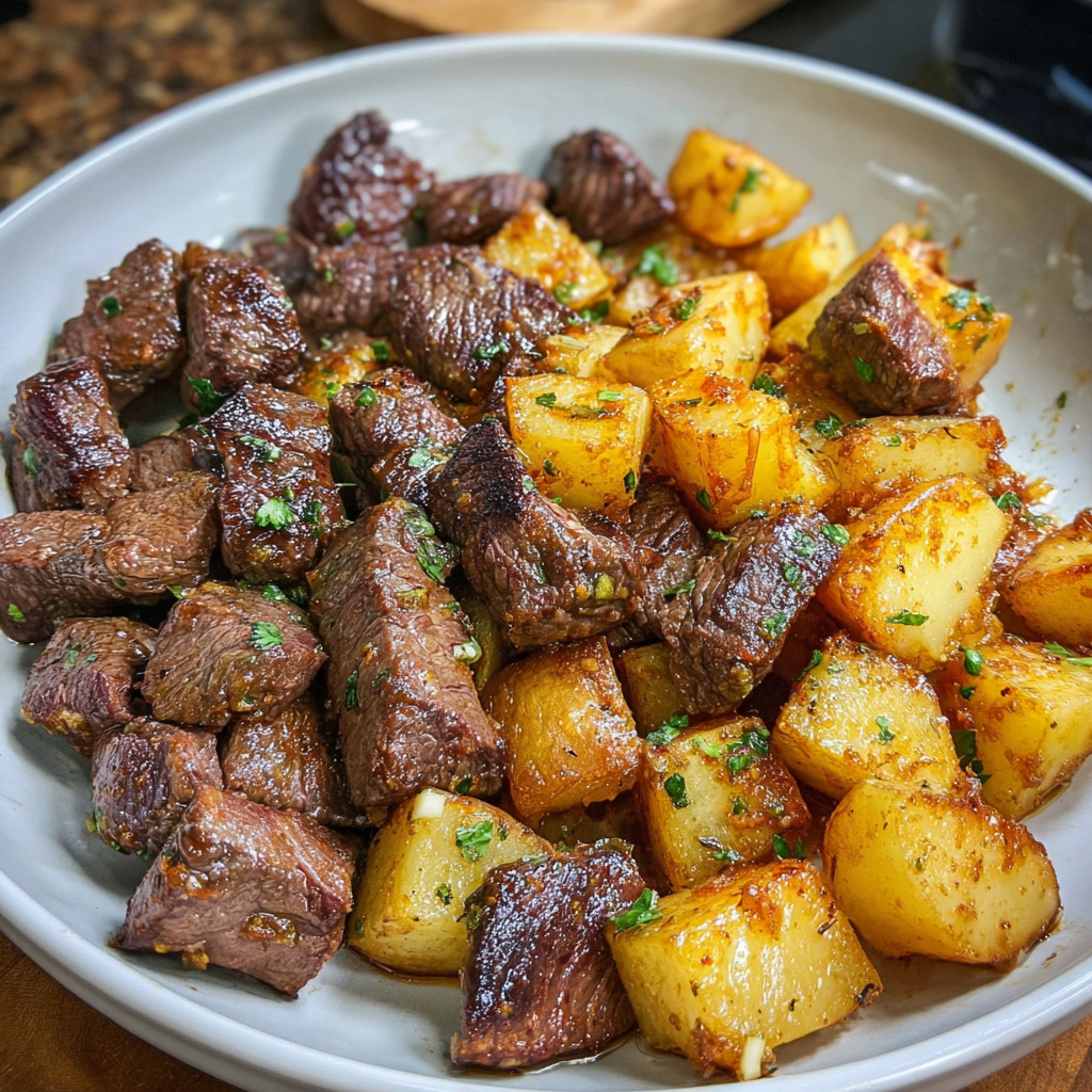 A plate of steak and potatoes with garlic butter.