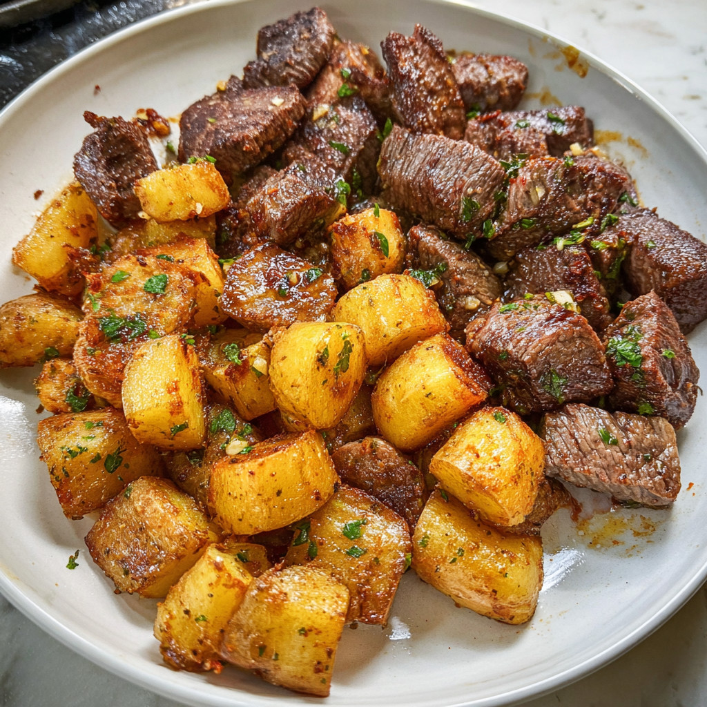 A plate of meat and potatoes.
