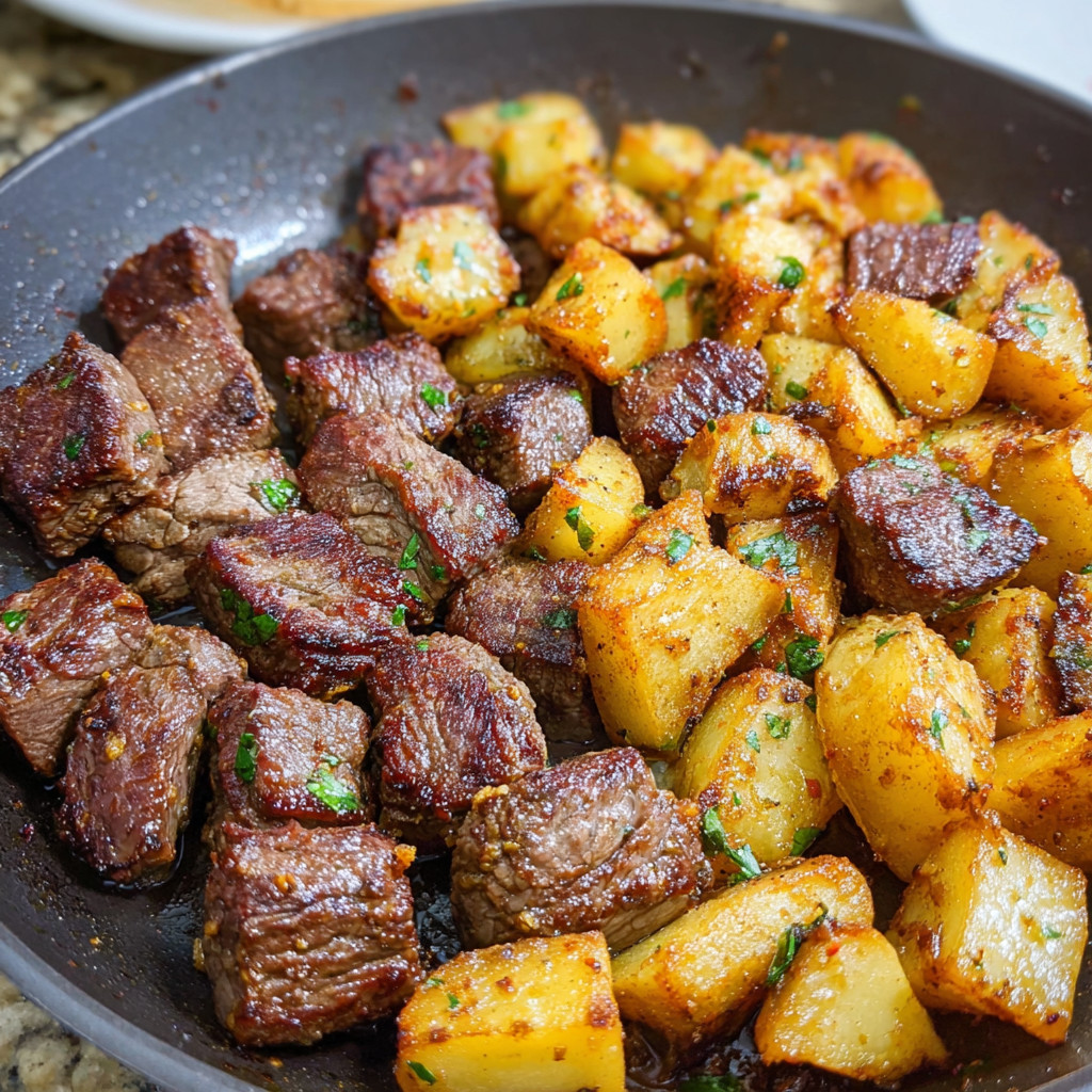 A plate of steak and potatoes with garlic butter.