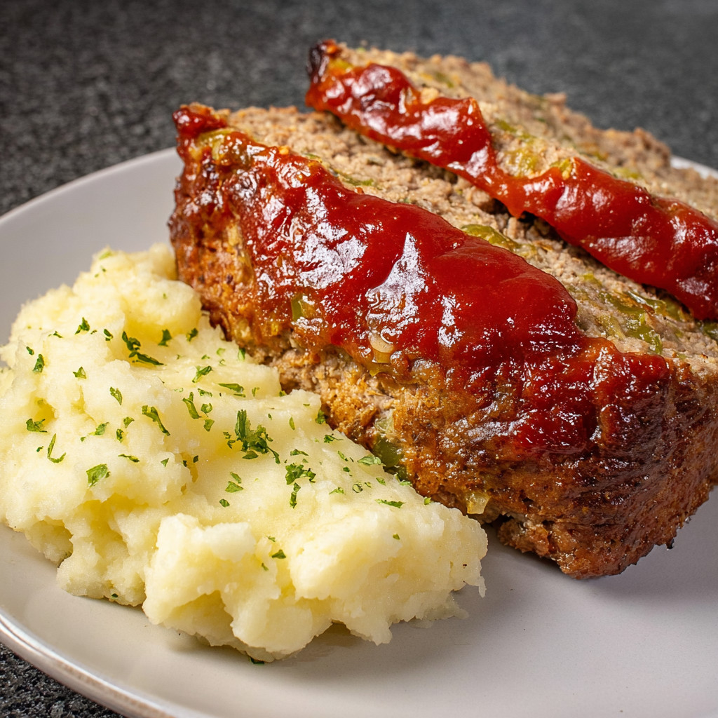 A plate of meatloaf and mashed potatoes.
