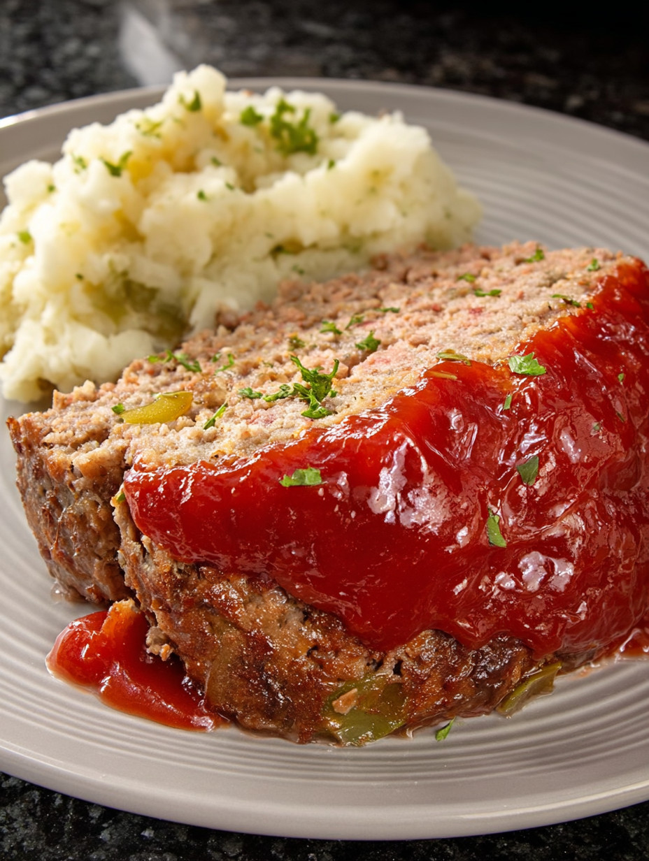 A slice of meatloaf with a red sauce on a plate.