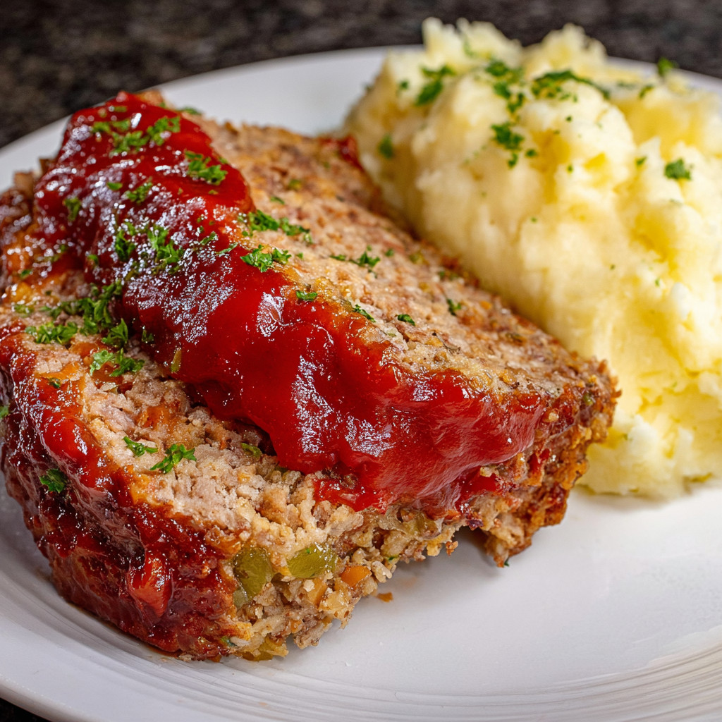 A plate of meatloaf and mashed potatoes.