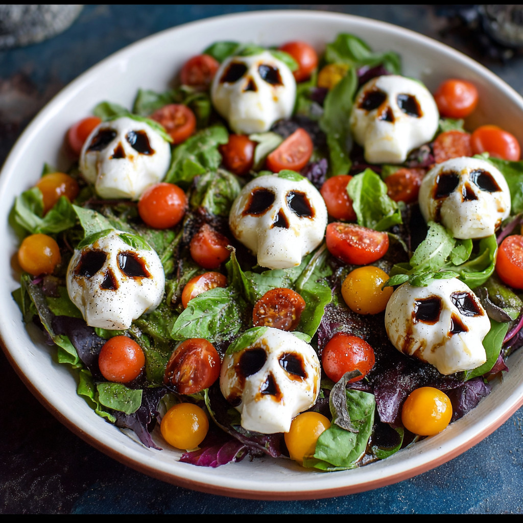 A salad with tomatoes and cheese shaped like skulls.