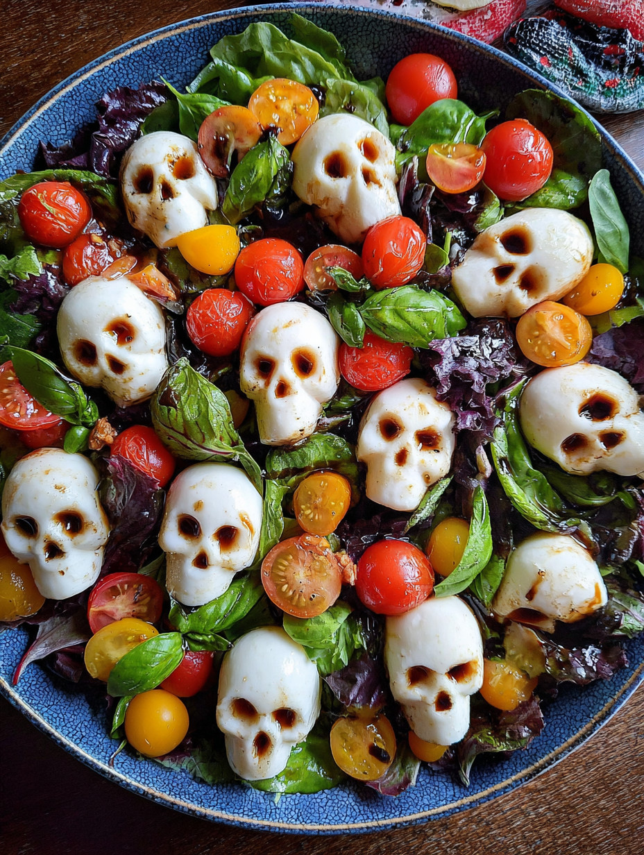 A salad with tomatoes, lettuce, and eggs shaped like skulls.