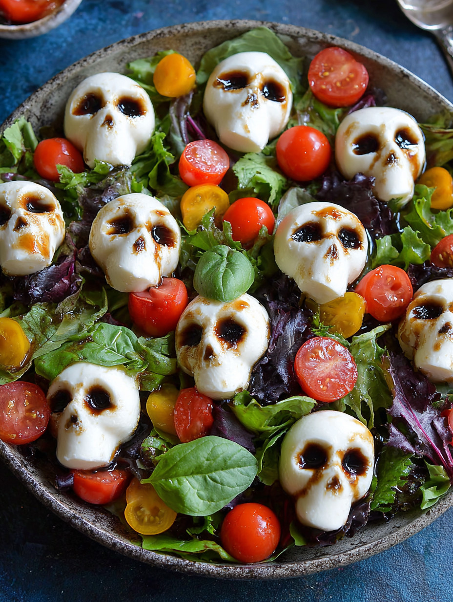 A salad with tomatoes and cheese shaped like skulls.