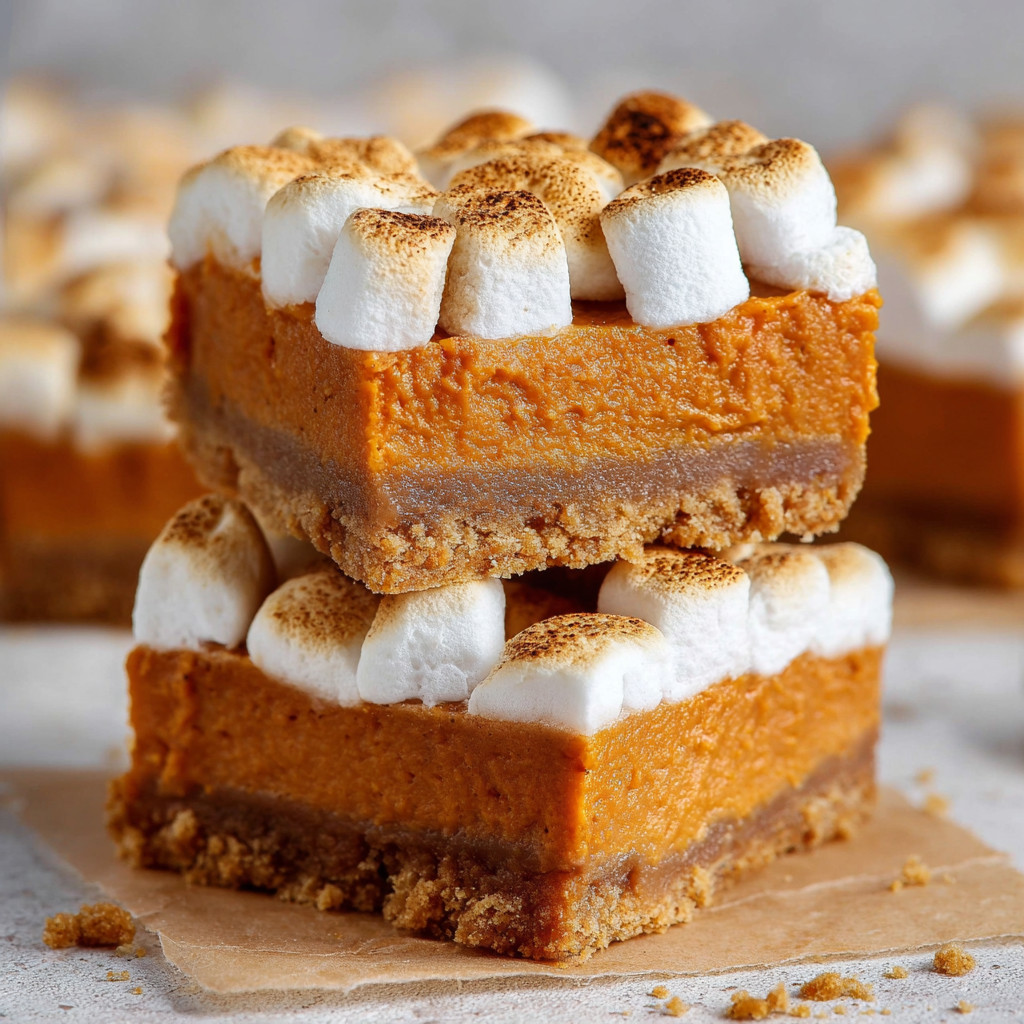 Sweet potato pie bars with marshmallows on top.