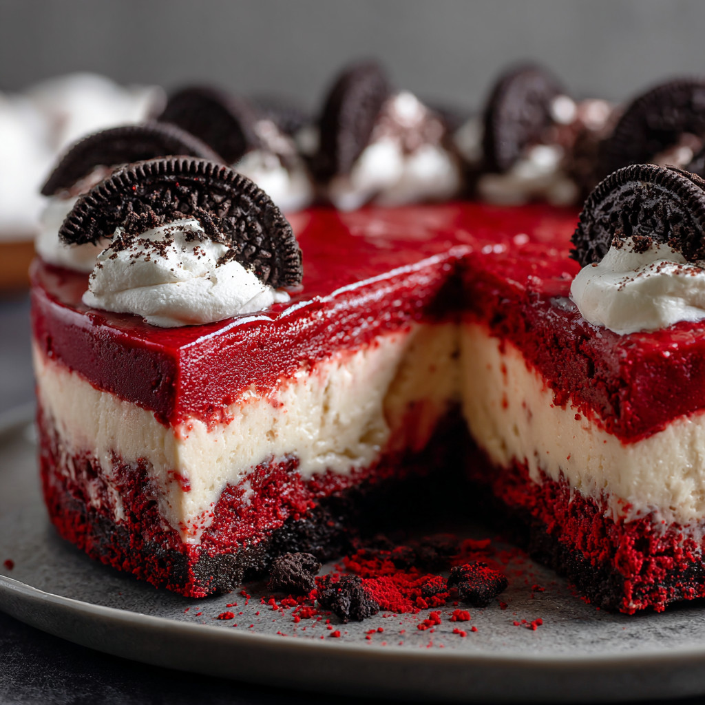 A slice of red velvet oreo cheesecake.